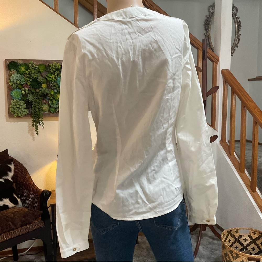 Anne Fontaine Reno Ruffled White Button Down Shirt Blouse with Gold Buttons - Picture 5 of 10